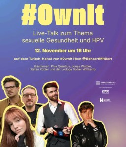 Poster zum Twitch Talk OwnIt mit gelber Schrift und fünf Personen.