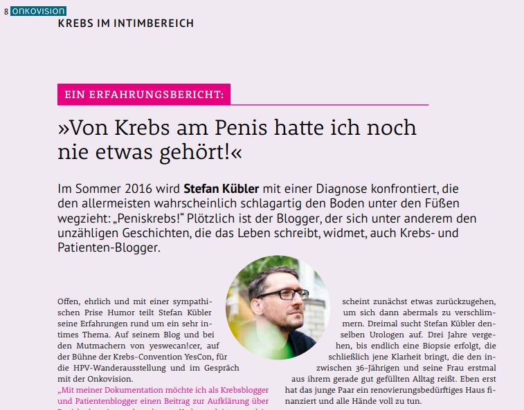 Ausschnitt aus dem Artikel in der Onkovision mit Stefan Kübler.