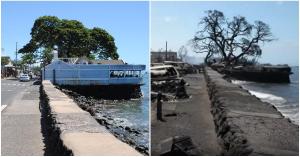 Die historische Front Street mit dem Restaurant Bubba Gump in Lahaina, Hawaii vor und nach der Brandkatastrophe 2023.