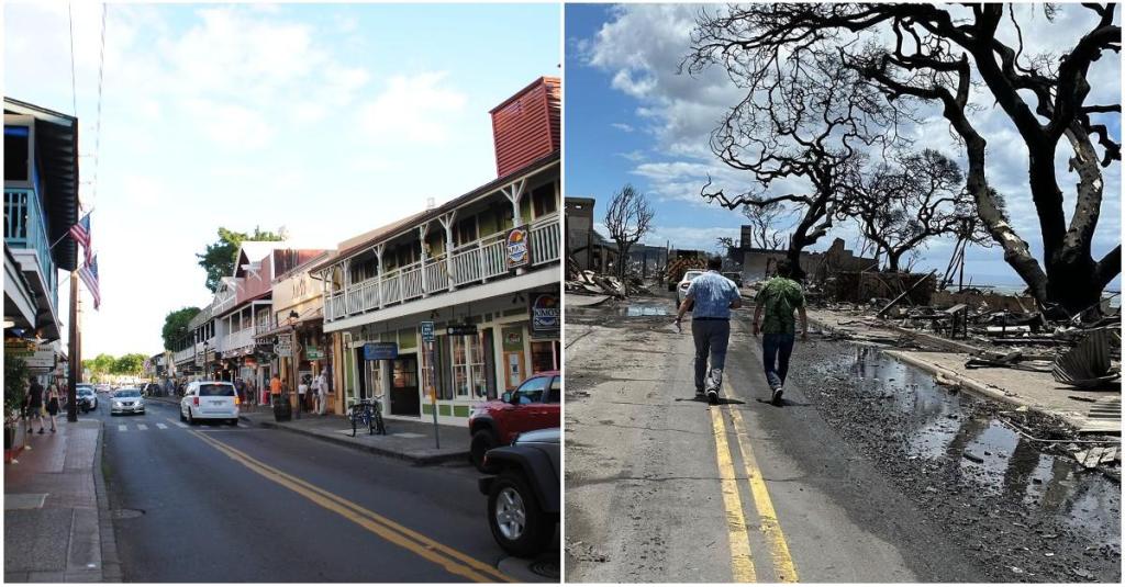 Die historische Front Street in Lahaina, Hawaii vor und nach der Brandkatastrophe 2023.