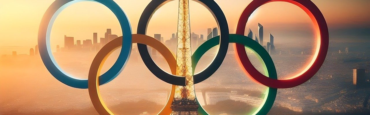 KI-generiertes Bild der Olympischen Ringe vor dem Eiffelturm in Paris.