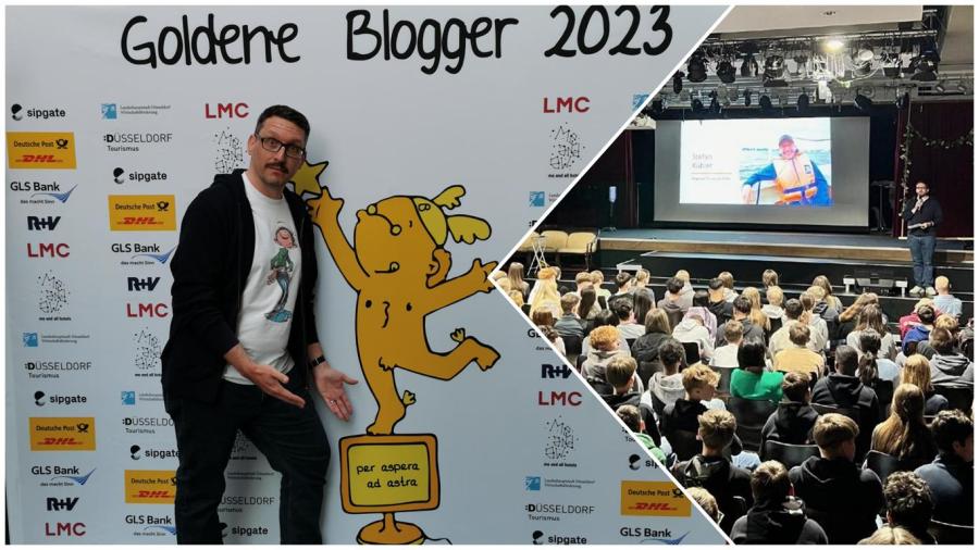 Collage zweier Bilder von Stefan Kübler vor einer Sponsorenwand und auf der einer Bühne.