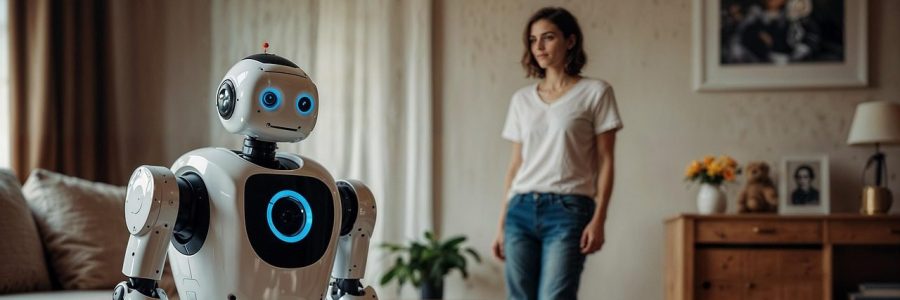 KI-generiertes Bild eines Roboters und einer Frau im Wohnzimmer.