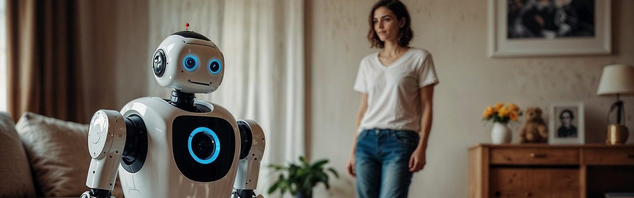 KI-generiertes Bild eines Roboters und einer Frau im Wohnzimmer.