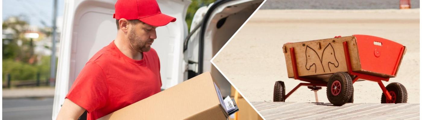 Collage aus zwei Bilder, links Paketbote, rechts Bollerwagen.