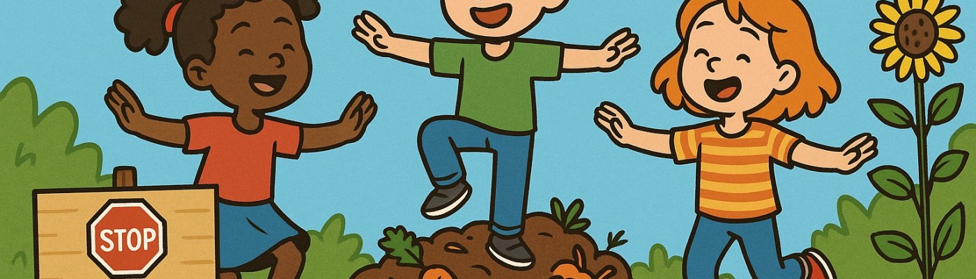 KI-generiertes Bild von drei Kindern, die auf einem Komposthaufen tanzen.