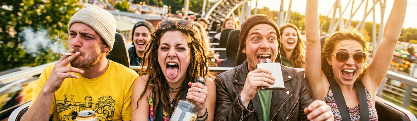 KI-generiertes Bild von zwei Frauen und zwei Männern mit Alkohol und Zigaretten in einer Achterbahn.