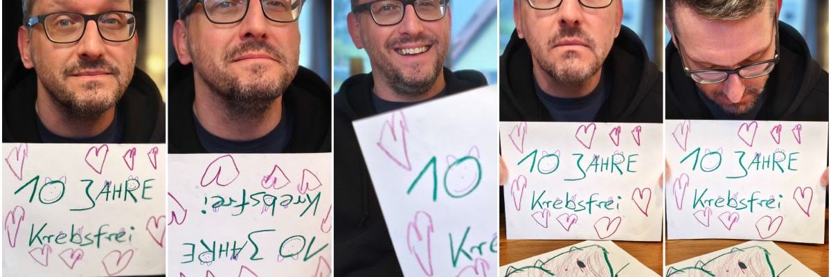 Collage aus fünf Bildern von Stefan Kübler mit dem Schild "10 Jahre krebsfrei" in den Händen.